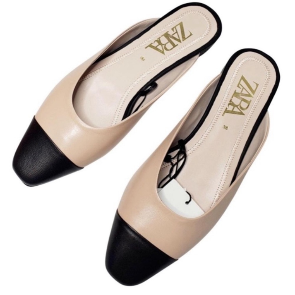 NWT spring summer luxury Zara leather colorblock ballerina mules/slides/shoes